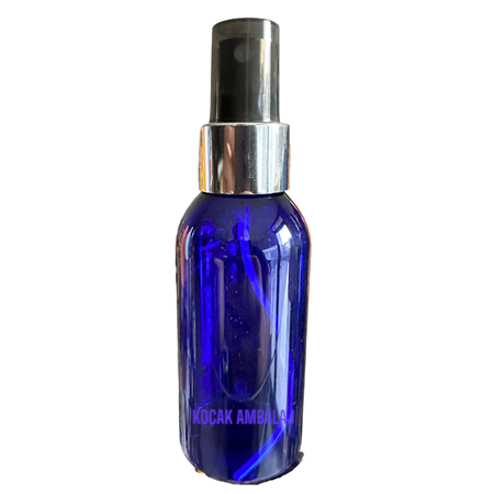 100 ML ŞEFFAF MAVİ RENK ŞİŞE, METAL GÜMÜŞ SPREY BAŞLIK
