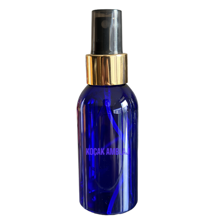 100 ML ŞEFFAF MAVİ RENK ŞİŞE, METAL GOLD SPREY BAŞLIK