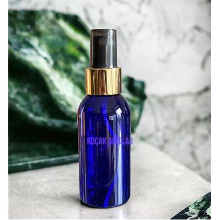 100 ML ŞEFFAF MAVİ RENK ŞİŞE, METAL GOLD SPREY BAŞLIK